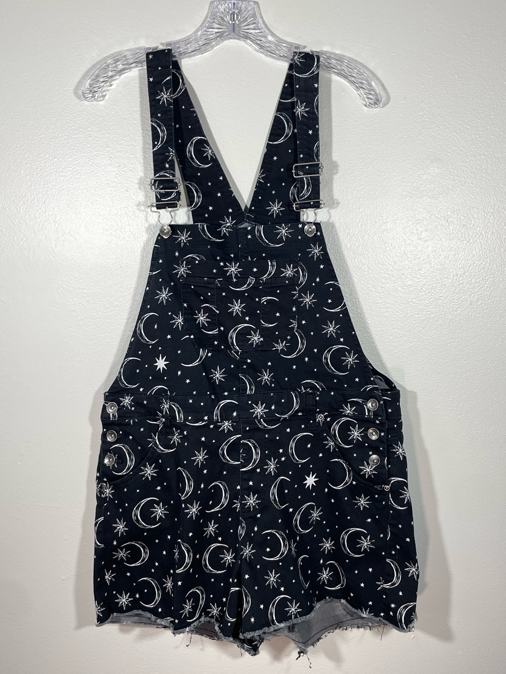 HT Denim Celestial Moon & Stars Short Overalls Black Goth Grunge Alternative - Picture 2 of 11